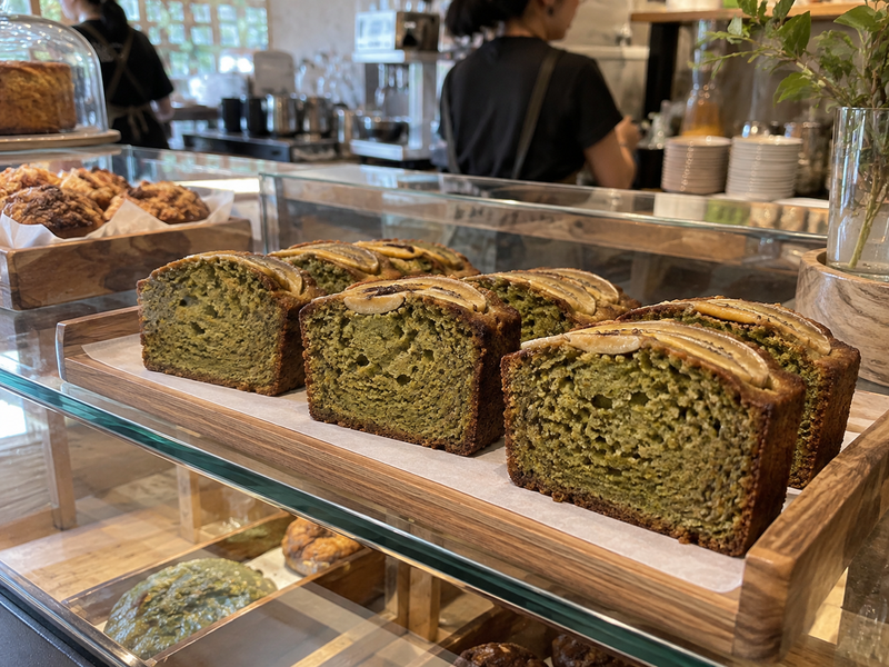 A baker counts saleable slices from a finished matcha banana loaf