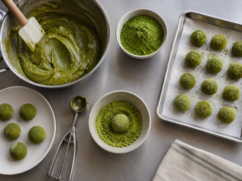 Finished matcha brigadeiros in individual paper cups, with one cut piece showing a smooth green center