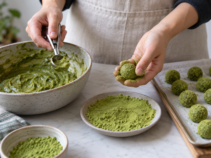 Weighed matcha being mixed into a smooth green paste before joining a brigadeiro base