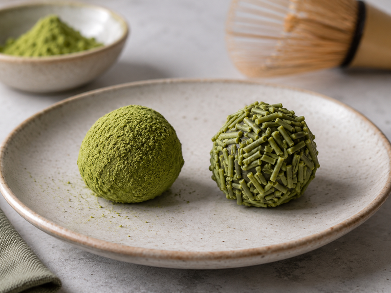 Café pastry worker weighing individual matcha brigadeiro centers beside a tray of rolled pieces