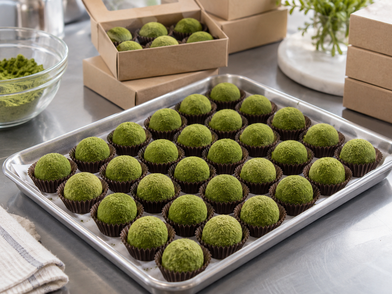 Boxed matcha brigadeiros with individual cups and a clear view of lid clearance