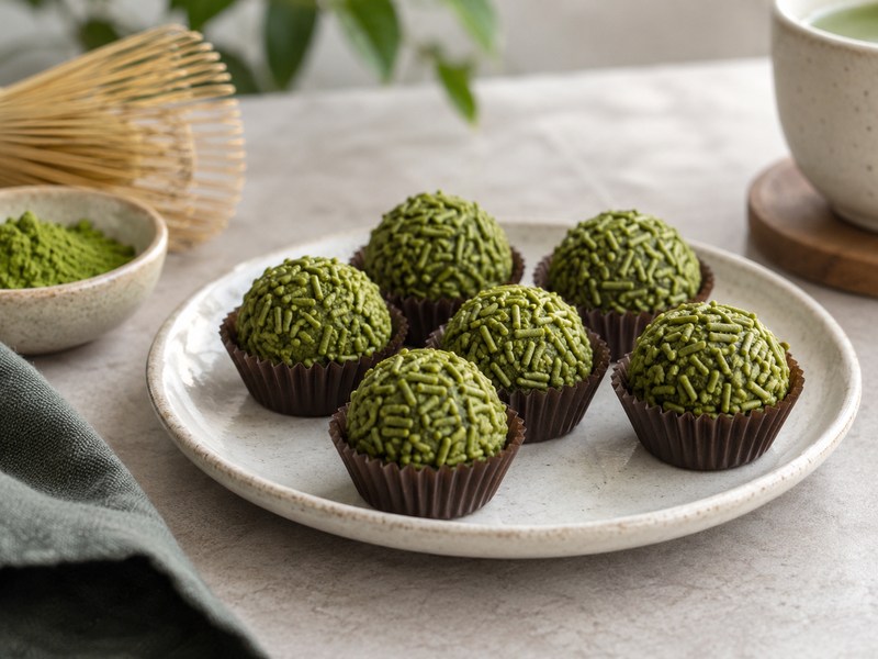 Buyer comparing cut matcha brigadeiros from two powder lots with a recorded tasting sheet
