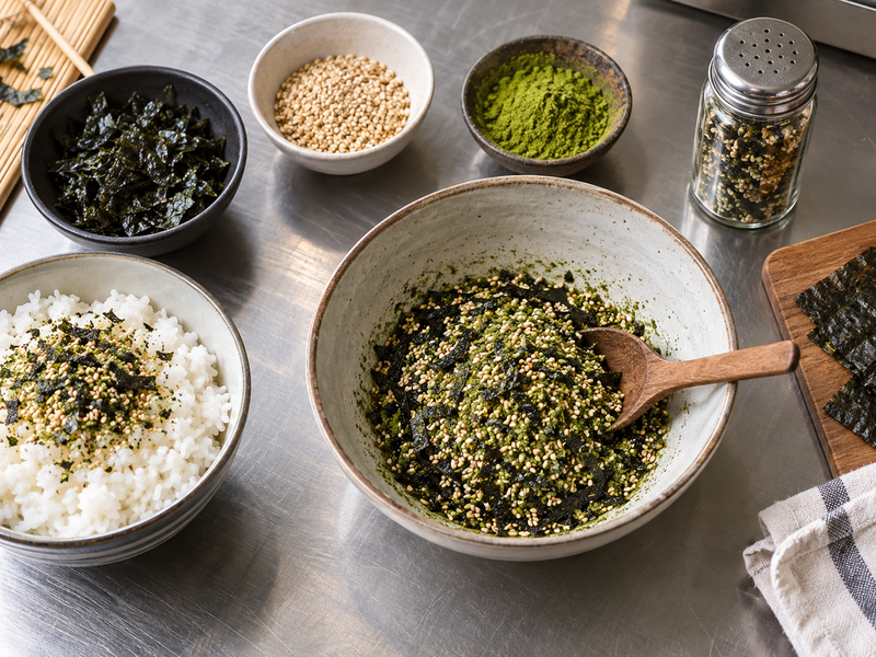 Matcha furikake on warm rice with visible sesame and nori pieces