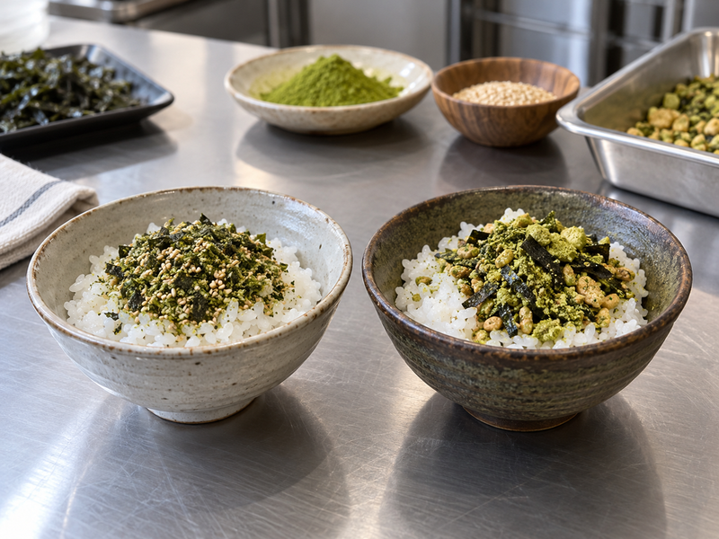 Three labeled samples of matcha furikake from a pilot blending vessel