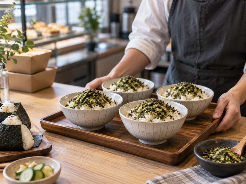 Matcha furikake tested on rice, vegetables and a takeaway bowl