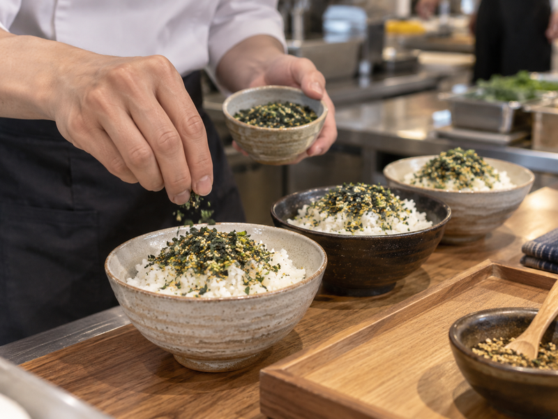 Sesame and nori ingredient specifications beside matcha furikake packs