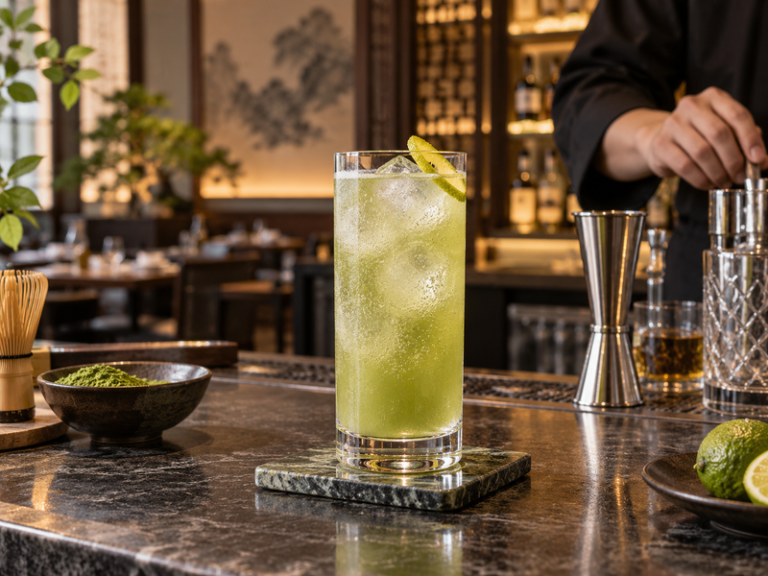 Finished matcha whiskey highball with ice at a Mainland Chinese bar