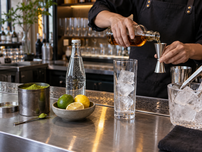 Measured ingredients for a matcha highball trial at a Mainland Chinese bar