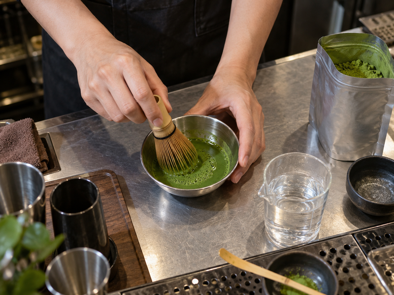 Bartender's hands whisking a small matcha premix for highball service