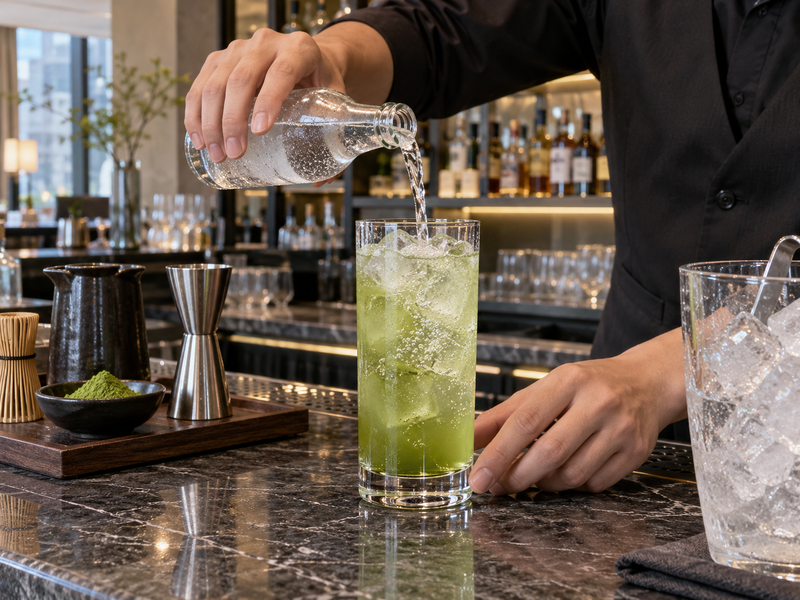 Chilled soda poured into an iced matcha highball at a Chinese hotel bar