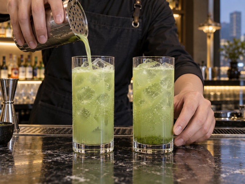 Two matcha highball trial glasses inspected after different pickup times