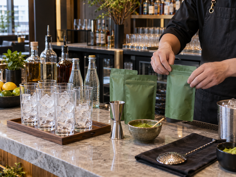 Bar ingredients and glassware staged for matcha highball costing