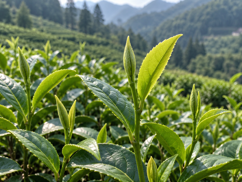 Tender tea bud and young leaves growing on a tea shoot