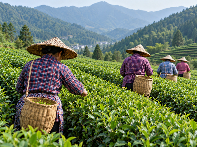 Chinese tea pickers collecting tender shoots by hand in garden rows