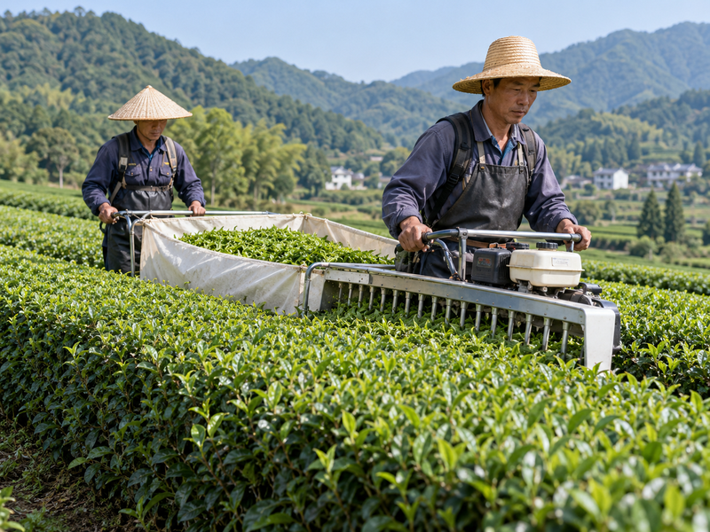 Mechanized tea harvesting on a uniform Chinese tea hedge