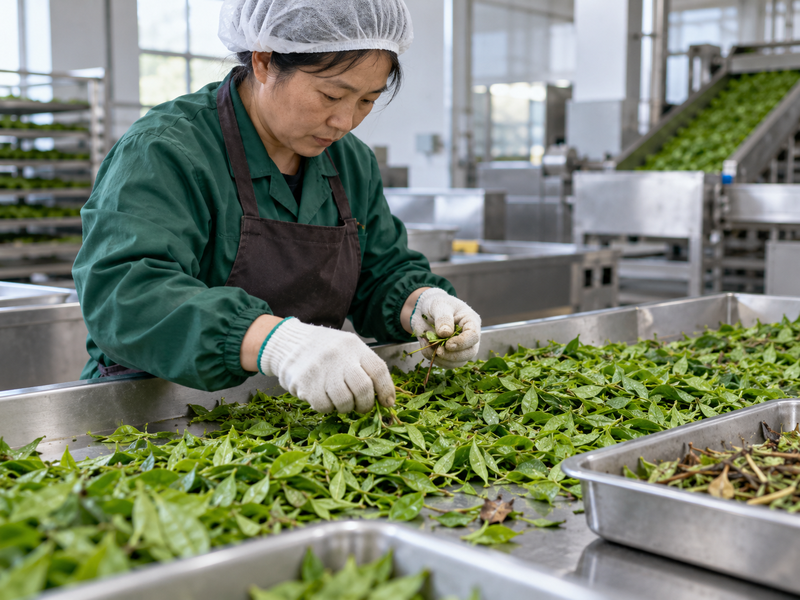 Worker sorting coarse pieces from fresh tea leaves at clean intake table