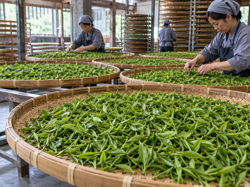 Loose picked tea shoots in ventilated trays at a Chinese tencha facility