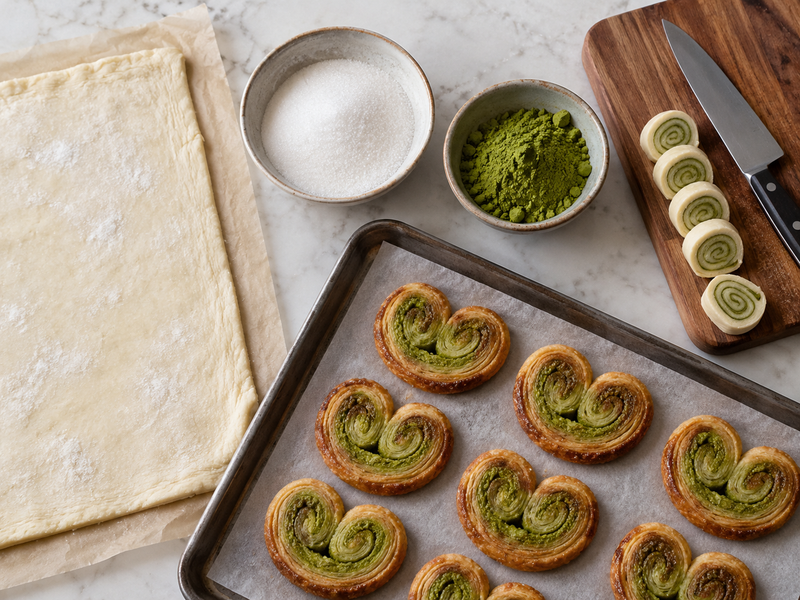 Golden matcha palmiers with symmetrical folds and a visible green tea layer on a bakery tray