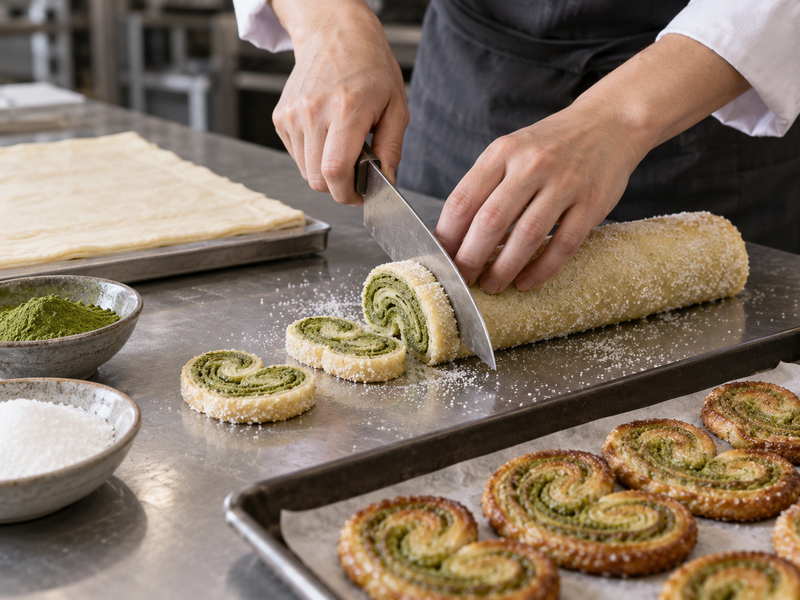 Baker weighing matcha sugar mixture beside flat puff pastry sheets for palmier trials