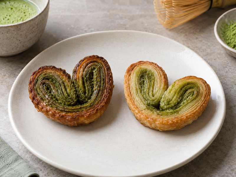 Uniformly sliced matcha palmier dough arranged with space on parchment-lined baking trays