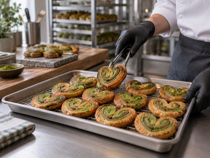 Matcha palmiers in two unbranded café packaging trials beside an open display sample