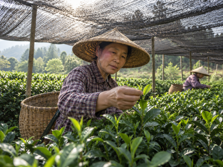 Illustrative matcha scene for matcha tea leaves shaded cultivation article