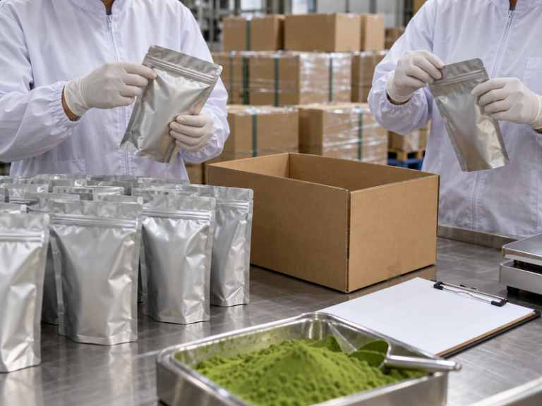 Export packing staff inspecting sealed matcha pouches before carton packing