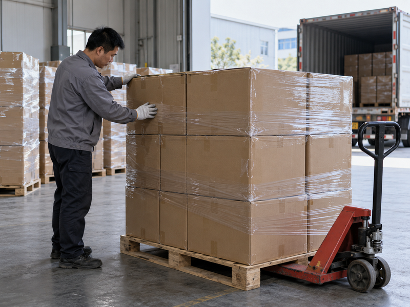 Sealed cartons on a pallet in a supplier dispatch area