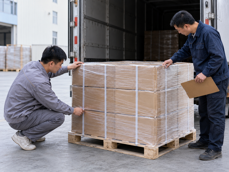 Workers inspecting wrapped cartons at a loading bay handover