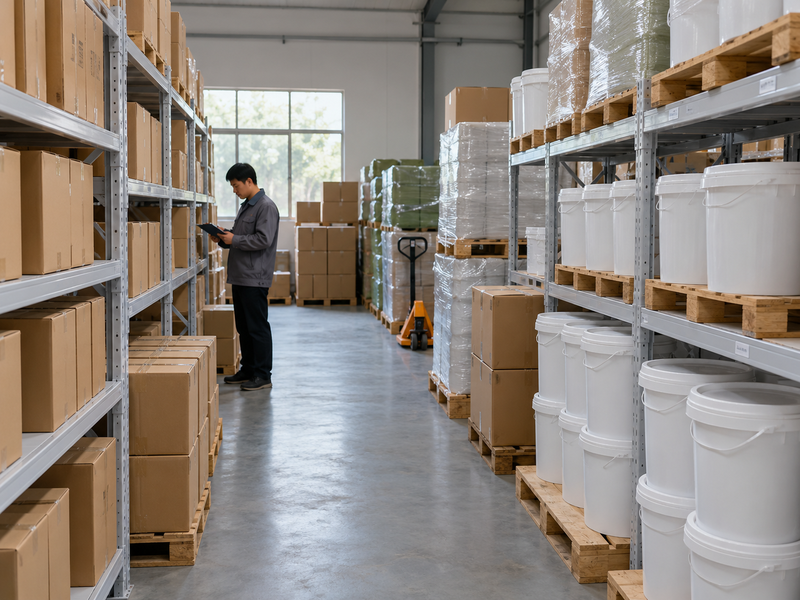 Sealed ingredient cartons on shelving in a clean dry storage room