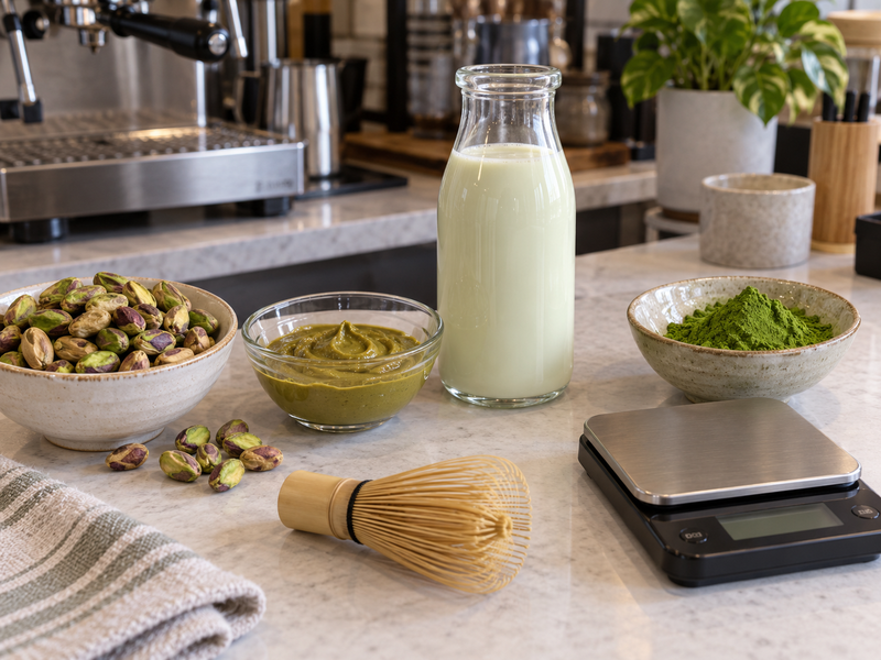 Pistachio milk, paste, whole nuts and matcha set out for a café trial