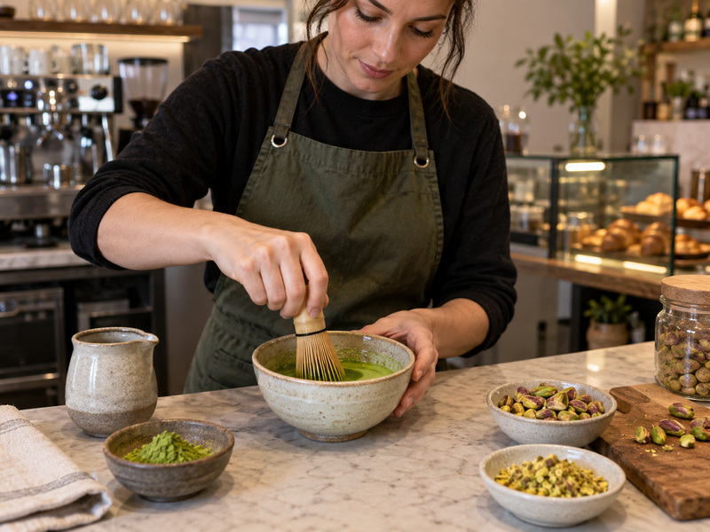 Matcha concentrate being whisked beside pistachio ingredients