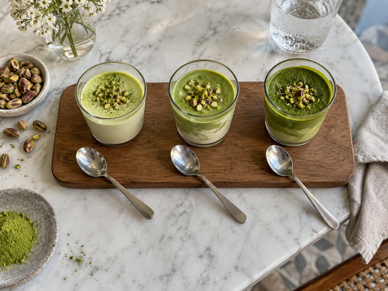 Three pistachio matcha samples compared for color and ratio