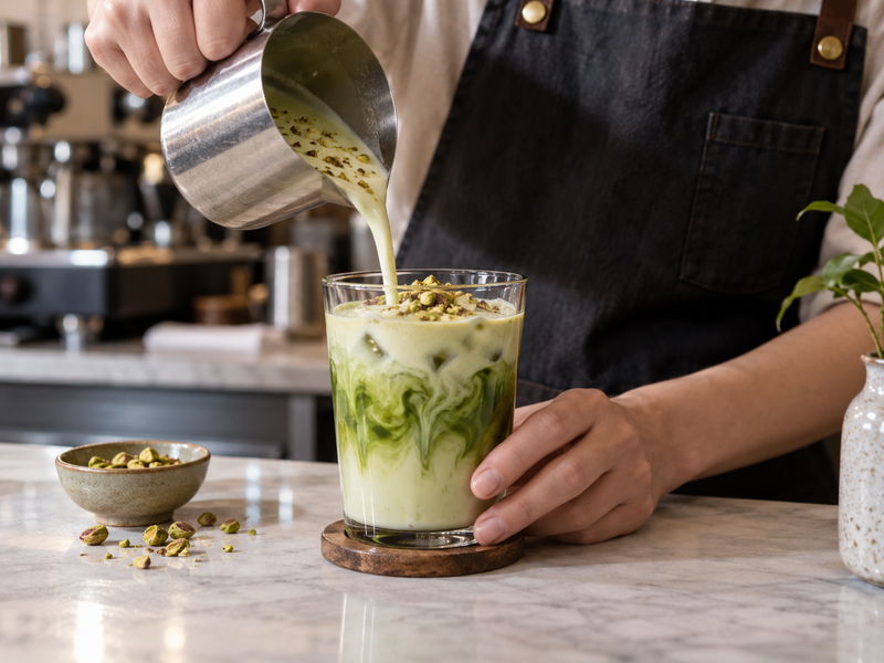 Pistachio milk being poured into a matcha drink in a clear glass
