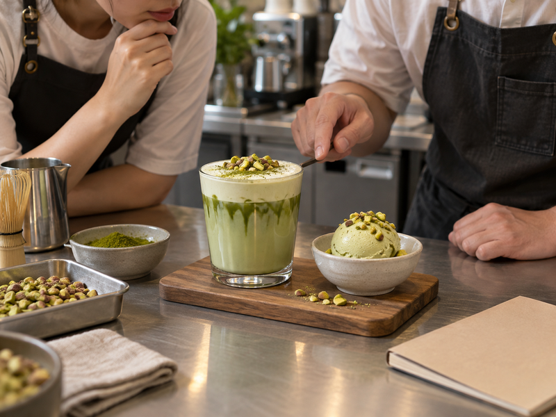 Café staff reviewing a pistachio matcha drink beside a dessert application