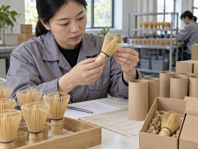 Inspector checking bamboo matcha whisks and unbranded packaging