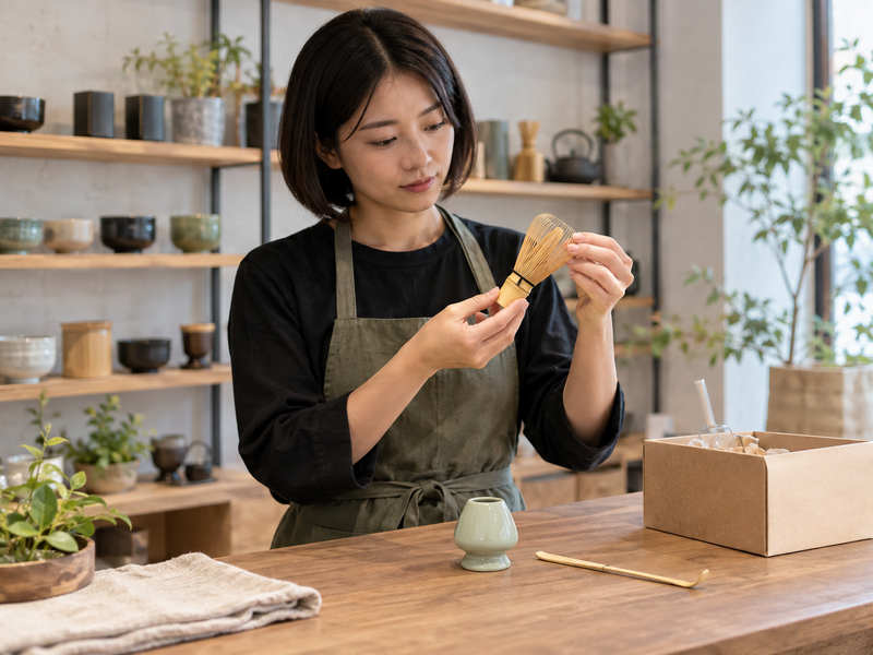 Retail worker inspecting a bamboo whisk and matcha set