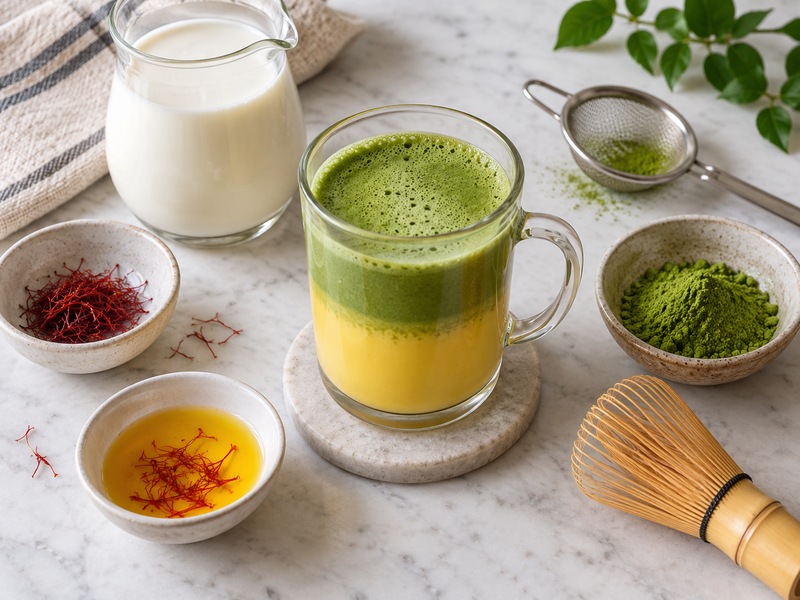 Small clear cups of saffron infusion and matcha base beside a completed layered latte