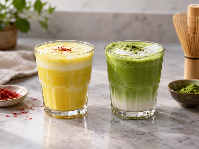 Three saffron matcha test drinks made with dairy, oat and almond milk under the same lighting
