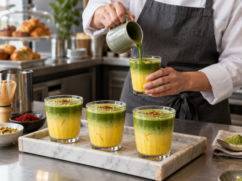 Barista assembling a measured saffron matcha latte with labeled pitchers and a recipe card