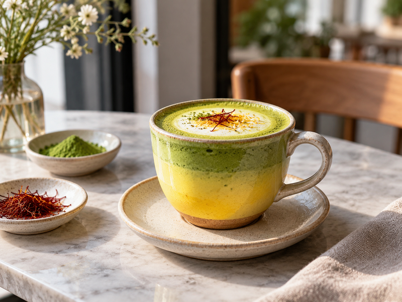 Café manager costing measured saffron and matcha portions beside finished sample drinks