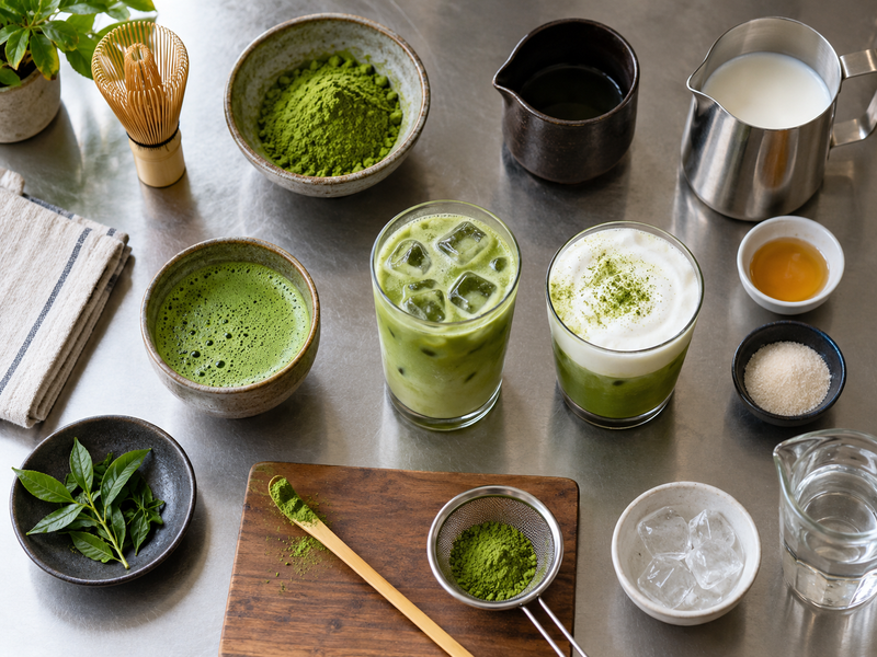 Five matcha drink formats are arranged by base and preparation tool