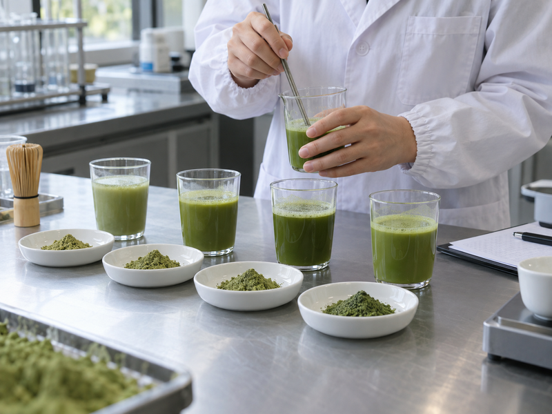 A hot matcha latte is made from a separate smooth tea base and milk