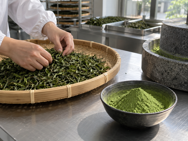 Tea leaves and matcha powder at a modern processing table
