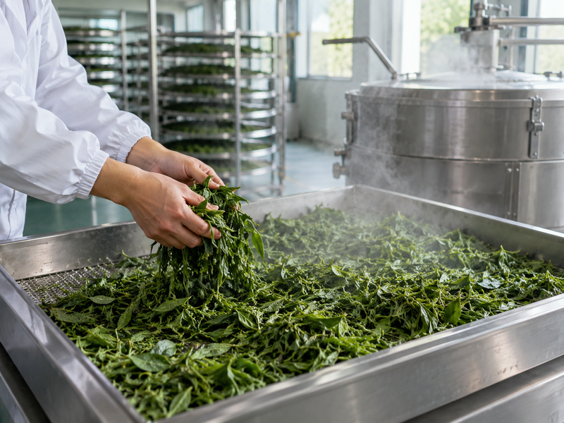 Steamed tea leaves in a modern production room
