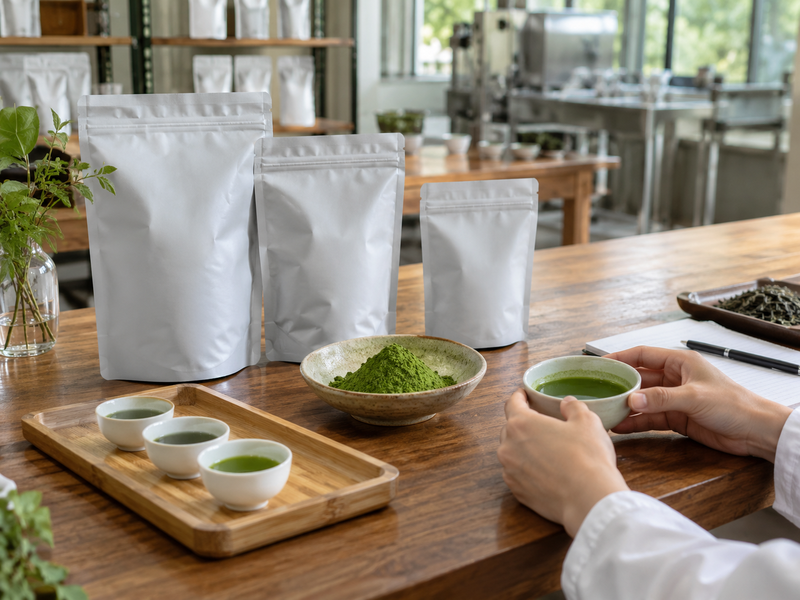 Unbranded matcha pouches and sample cups