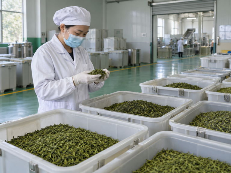 Tea quality technician inspecting leaf material in a matcha factory