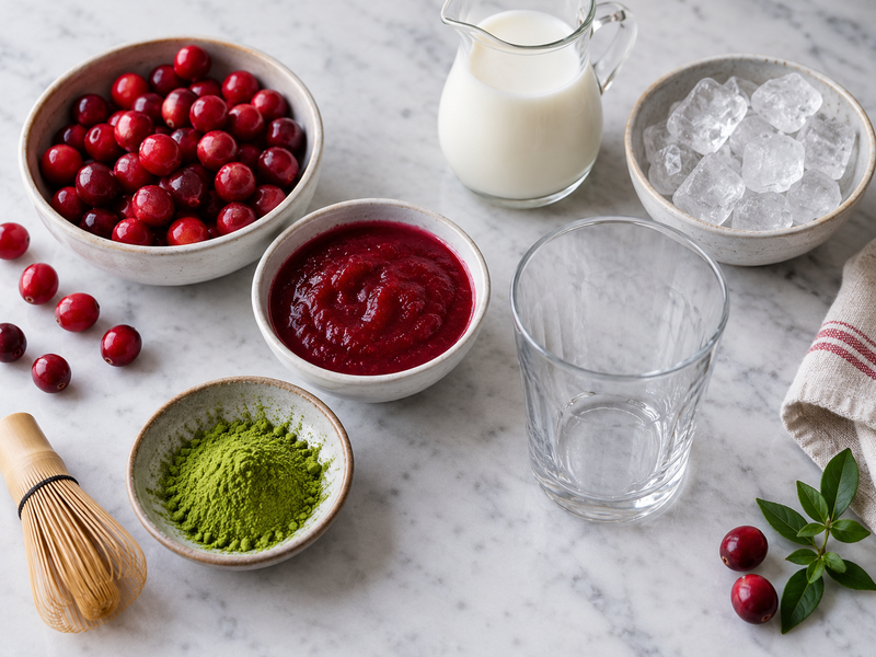 Clear glasses showing cranberry layer, matcha layer and a stirred finished drink