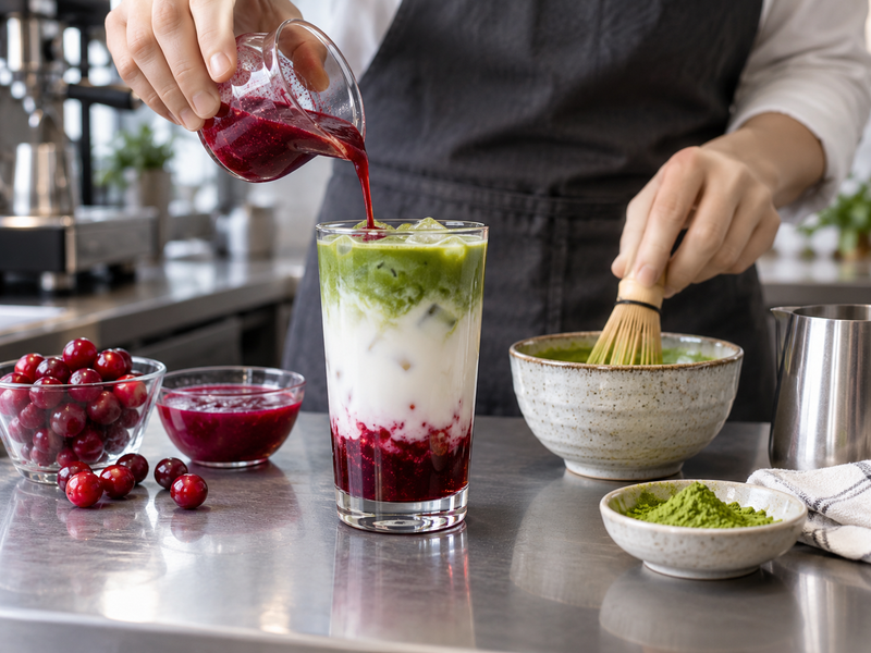 Barista whisking a measured matcha base before combining it with cranberry ingredients