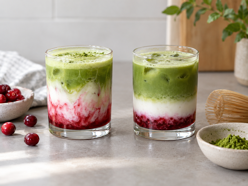 Small cranberry matcha trial cups with dairy, oat drink and water bases for texture comparison